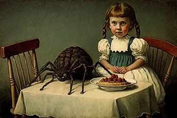 Fotobehang Old Fashioned Nursery Rhyme Style Illustration of a Young Girl, Berry Pie Dessert, and Her Creepy Spider Friend. [Fairytale, Fantasy, Historic, Horror Character. Graphic Novel, Video Game, Comic] © TJ Barnwell