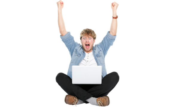 Man cheering with laptop computer and arms raised winning happy. Young Caucasian male model sitting on floor isolated in transparent PNG. - Powered by Adobe