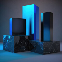 cerulean night and obsidian blocks podium, empty showcase for packaging product presentation. AI generation.