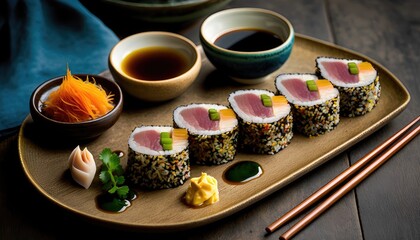 Fototapeta na wymiar Close-Up Sushi Rolls with Assorted Chopsticks on Dark Textured Wood Table - Generative Ai 