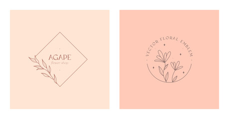 Set of vector feminine floral emblems.Elegant logo designs with linear branches and frame.Modern botanical badges in trendy minimalist style.Branding design templates.Letters with Agape means love