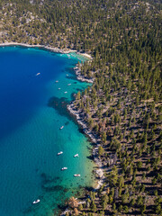 Obraz premium Aerial photos of the beautiful and blue Lake Tahoe in California. Photos taken on drone.