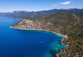 Aerial photos of the beautiful and blue Lake Tahoe in California. Photos taken on drone.