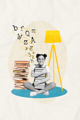 Poster banner image collage of nerd school lady enjoy reading book hug pile textbook on drawing...