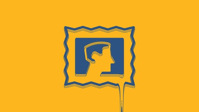 Blue Postal stamp icon isolated on orange background. 4K Video motion graphic animation
