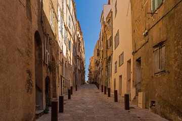 Narrow alley in the historic center of Bonifacio, Corsica, France
