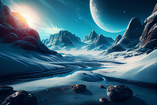 Extraterrestrial landscape, alien planet in deep space in winter,generative ai