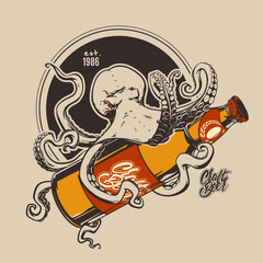 Concept for craft beer, an octopus wrapped around a bottle. Vector clipart