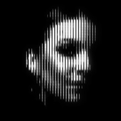 Abstract woman portrait illustration in halftone black and white television screen pixels pattern....