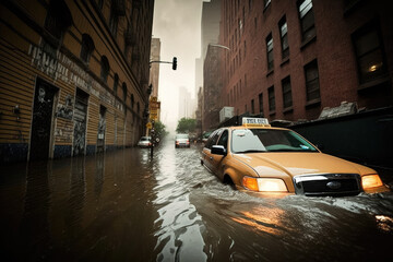 Flooded city street. Generative AI.