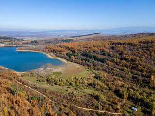 Fototapeta na wymiar Aerial view of Izvor Reservoir at Konyavska Mountain, Bulgaria