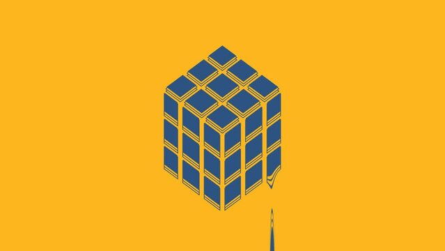 Blue Rubik cube icon isolated on orange background. Mechanical puzzle toy. Rubik's cube 3d combination puzzle. 4K Video motion graphic animation