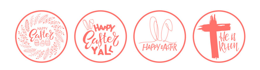 Easter Sign set. Round Spring Door Hanger, greeting card, door sign, wall art decor template. Vector phrase with plant, rabbit ears, cross sketch isolated on white background to easter designs. 