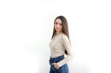 Image of young asian woman, company worker smiling and holding digital tablet, standing over white background. High quality photo