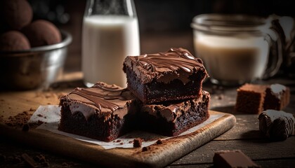 delicious chocolate brownie on top of wooden table with breakfast or afternoon coffee items. home made gourmet. ai generative content