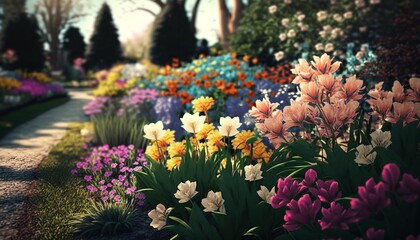 Fototapeta premium beautiful garden full of flowers in spring. illustration with spring season concept. ai generative