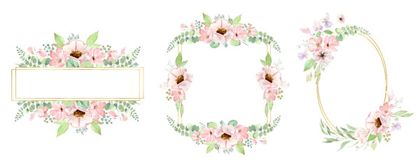 Wreaths, bouquets and frames of watercolor spring flowers for invitations, cards, holiday background, scrapbooking. Watercolor design, Delicate pink flowers, green foliage, golden linear frames.