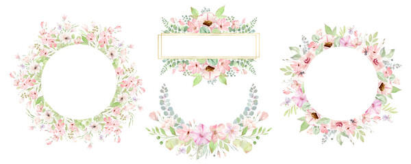 Wreaths, bouquets and frames of watercolor spring flowers for invitations, cards, holiday background, scrapbooking. Watercolor design, Delicate pink flowers, green foliage, golden linear frames.