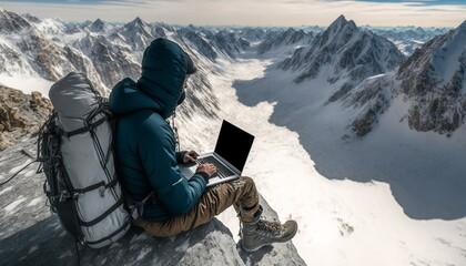 person using laptop on top of snow-covered mountains while working remotely digitally. concept of remote work, self-employment or with social networks. ai generative content