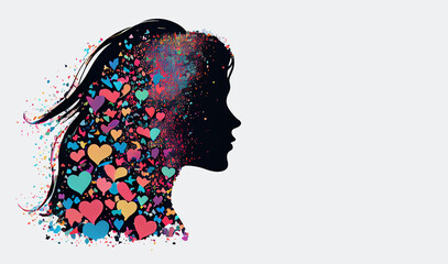 Woman with colorful hearts in her  long hair, love and emotion concept, good hearted, positive thinking, generative AI
