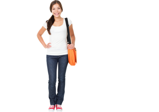 College university student woman. Happy smiling adult female student standing in full body length isolated in transparent PNG. Beautiful young multiracial Asian Chinese / Caucasian girl in her 20s.