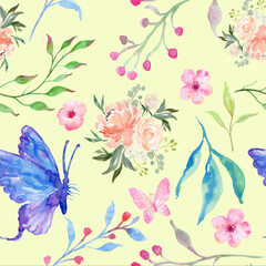 Fototapeta na wymiar Floral Pattern Watercolor Yellow Background