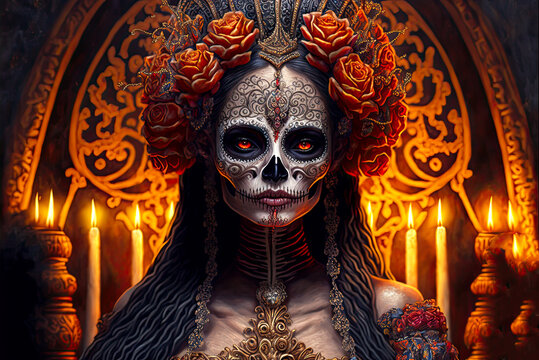 Day of the Dead woman portrait, skull face paint, candles. Generative AI
