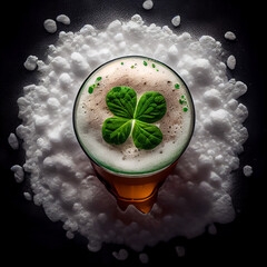 Lucky Clover Ale: A Refreshing Beer with Four-Leaf  Clover Foam Over The Top View. Generative AI