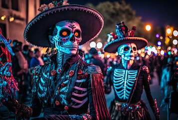 Day of the Dead parade, night, costumed skeletons. Generative AI