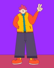 The streets boy wearing jacket poses peace sign, Cartoon character, Chaotic maximalism, purple background.