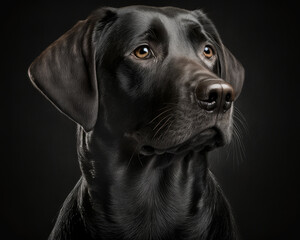 Portrait of a black labrador retriever on a dark background. Generative AI.