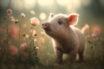 Closeup portrait of a cute piglet smelling a flower on a sunny spring meadow. Beautiful heartwarming image with soft light and dreamy bokeh effect. Generative AI. 