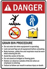 Grain bin hazard sign and labels grain bin procedures