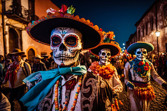 Day of the Dead parade, night, skeleton costumes. Generative AI