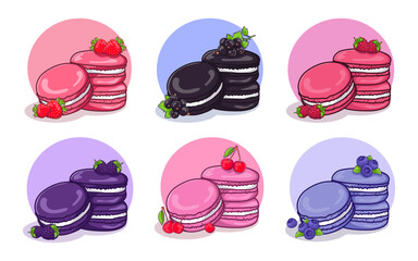 set with berry macaroons, sweets with strawberry, blackberry, blueberry, raspberry, raspberry, cherry flavor in cartoon style for a candy store