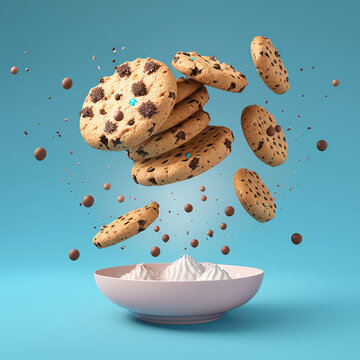 Chocolate chip cookies falling. Cream swirl and chocolate drops cookie. Chocolate chip cookies flying on a pastel background. 3d render illustration. Generative AI art. 