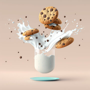 Chocolate chip cookies falling in Splashing milk and chocolate drops cookie. Chocolate chip cookies flying on pastel background. 3d render illustration. Generative AI art. Plastic clay cartoon style.