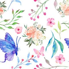 Fototapeta na wymiar Floral Pattern Watercolor White Background