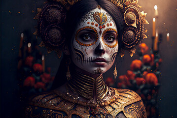 Day of the Dead, woman with skull face paint, portrait. Generative AI