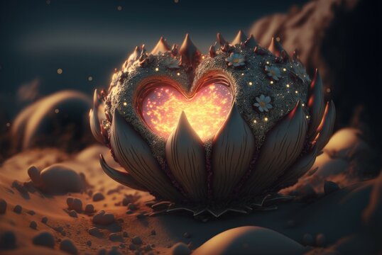 A heart blossoming from a flower on the sand of the beach at night, beautiful image of love, Valentine's Day, Generative AI