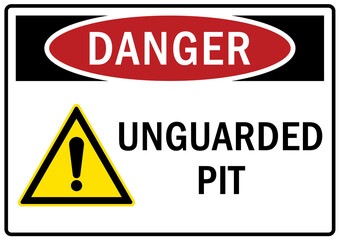 Open pit hazard sign and labels unguarded pit