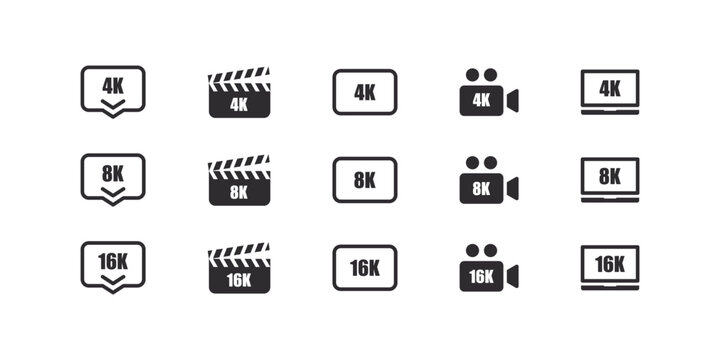 Video or screen resolution icons. Concept of video resolution icons. 4k ultra HD, 8k 16k screen resolution badges. Vector illustration