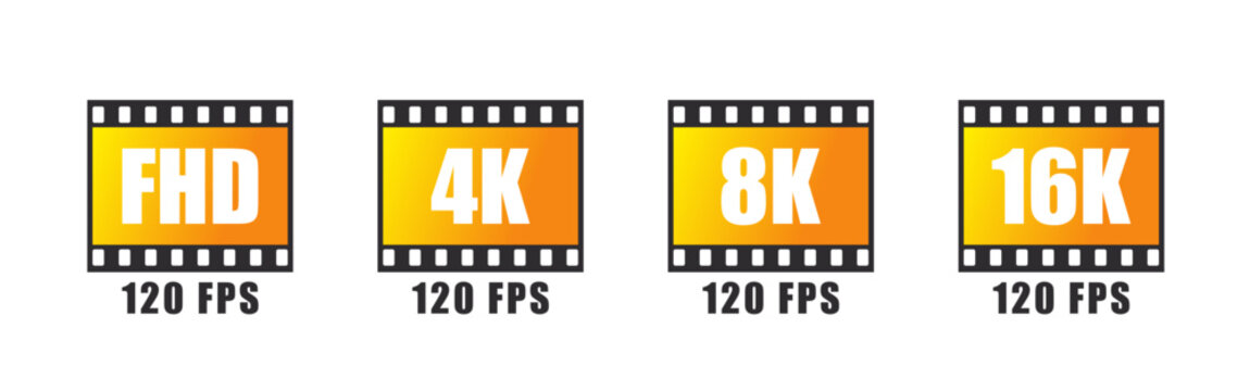 Video resolution icons set. Video image size. Full HD, 4k ultra HD, 8k 16k screen resolution badges. Vector illustration