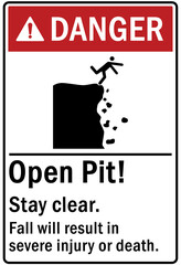 Open pit hazard sign and labels stay clear, fall will result in severe injury or death