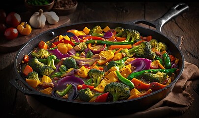  a pan filled with vegetables on top of a wooden table.  generative ai