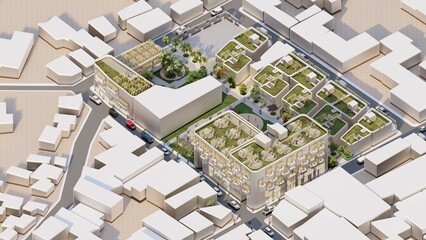 Set of multi-family homes, with wooden terraces and white concrete walls, green roofs, interior gardens and many plants.