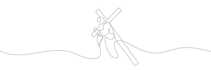 drawing of jesus christ carrying the cross drawn continuous line - obrazy, fototapety, plakaty