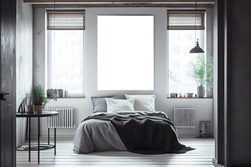 Interior poster frame, mock-up over bed on in modern minimalistic bedroom with windows. Wall art mockup. Generative AI