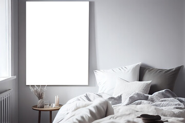 Interior picture frame, mockup near bed corner in modern neutral minimalistic bedroom. Wall art mock-up in Scandinavian minimalism room. Generative AI