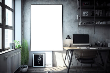 Interior wall art frame mockup on concrete gray wall in home office room, canvas picture frame, mockup with workplace, computer, table, desk, shelf, window. Generative AI